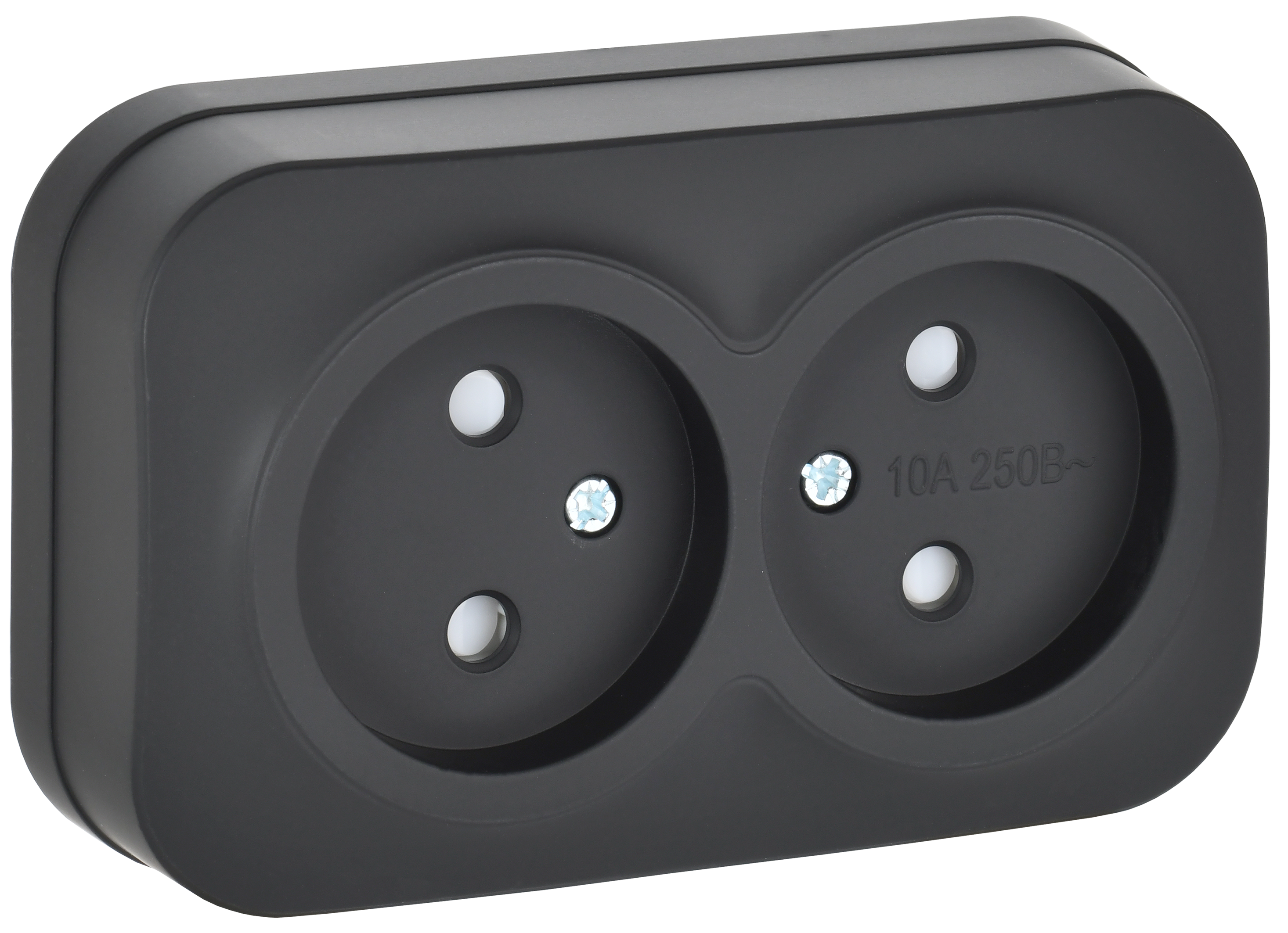 GLORY Розетка 2-местная для открытой установки без заземления с защитными шторками 10А РСш22-2-ХЧм черный матовый IEK