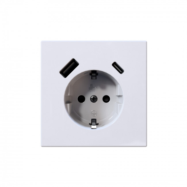 Розетка SCHUKO© с USB A+C с защитными шторками 16A 250V~ 2P+T USB 25W, цвет белый глянцевый