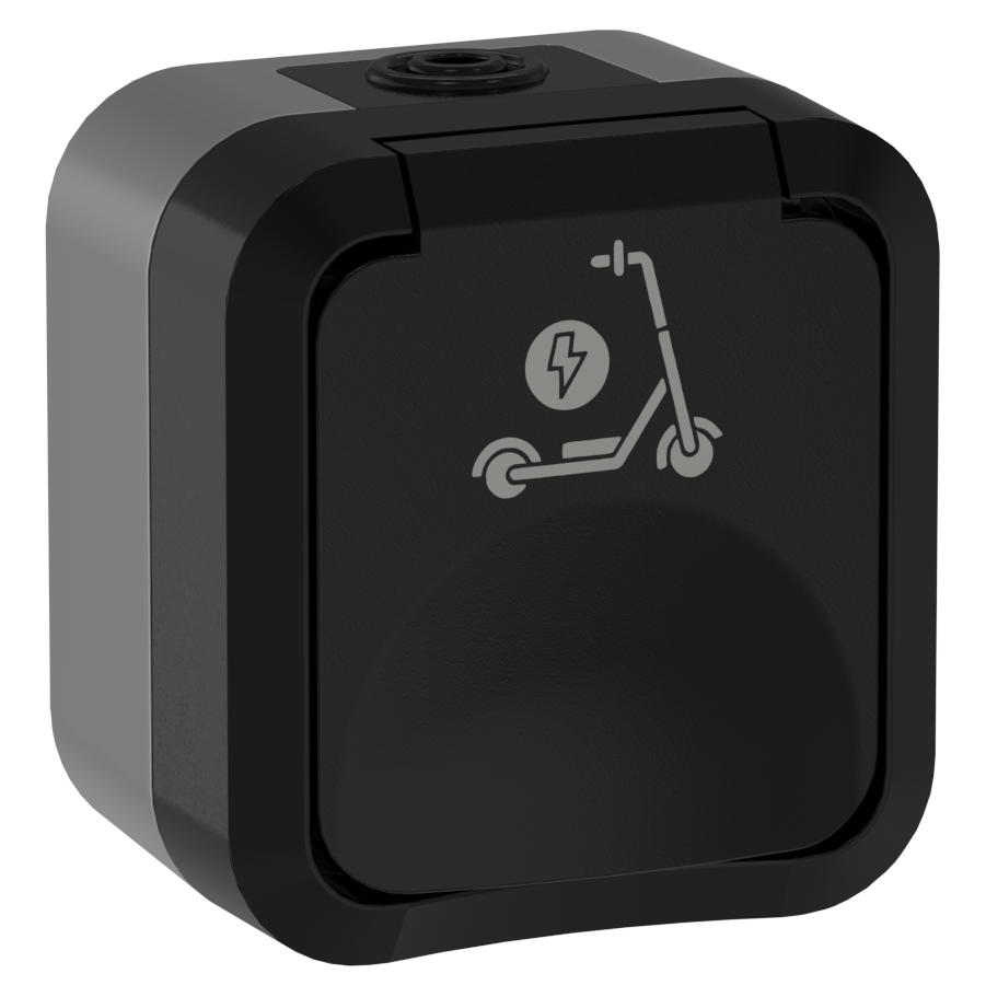 TORS Розетка 1-местная с заземлением защитными шторками и крышкой с иконкой самокат 16А IP55 TS321 серо-белый IEK