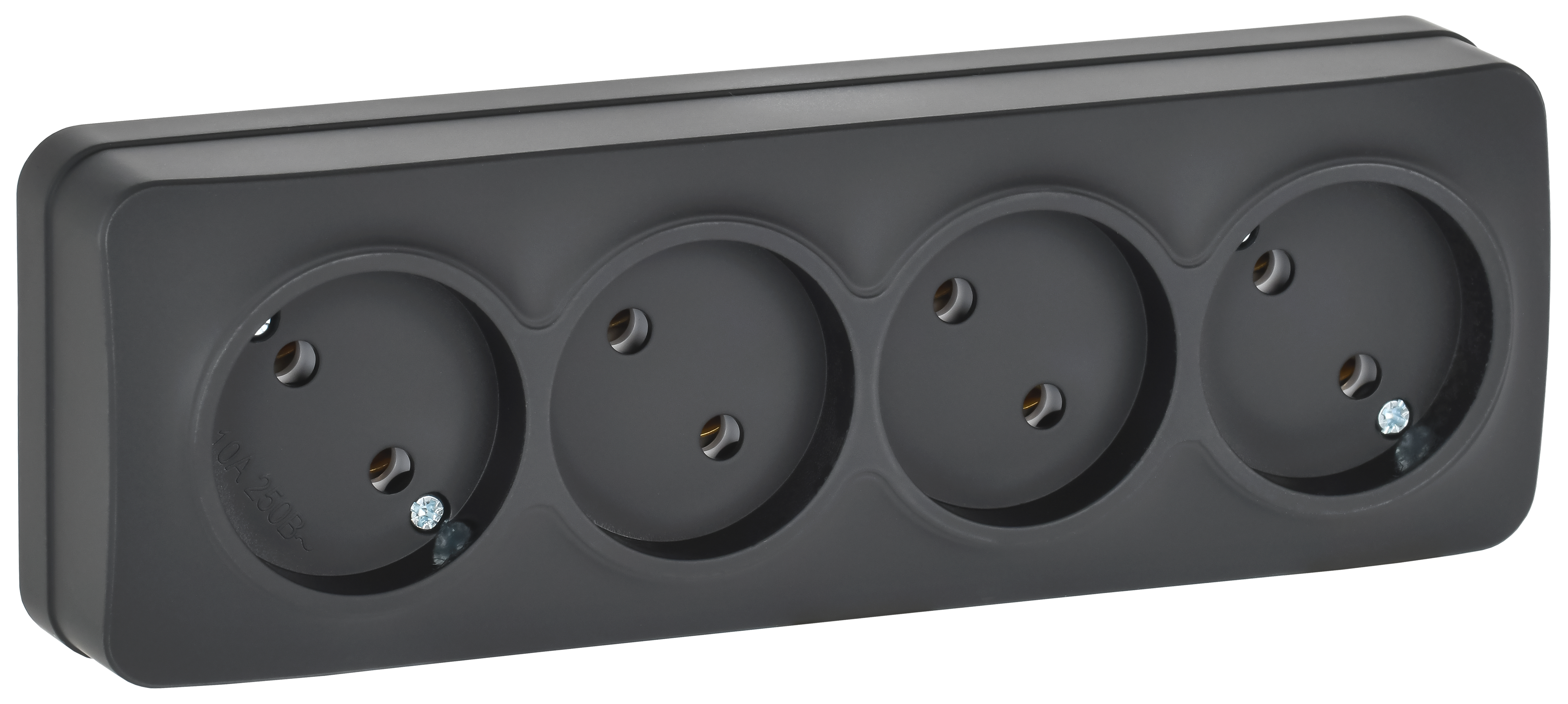 GLORY Розетка 4-местная для открытой установки без заземления без защитных шторок 10А РС24-2-ХЧм черный матовый IEK