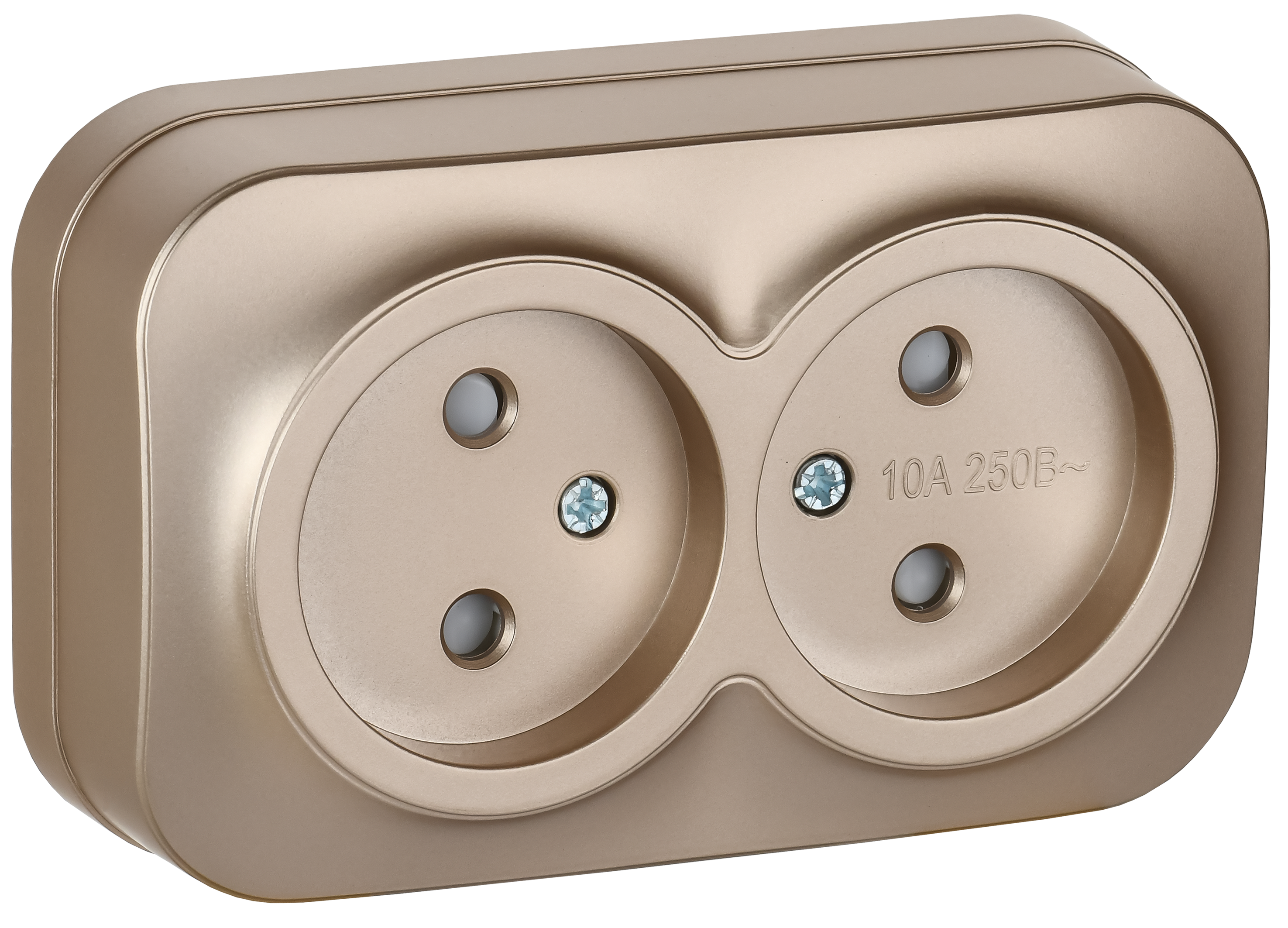 GLORY Розетка 2-местная для открытой установки без заземления с защитными шторками 10А РСш22-2-ХШм шампань матовый IEK