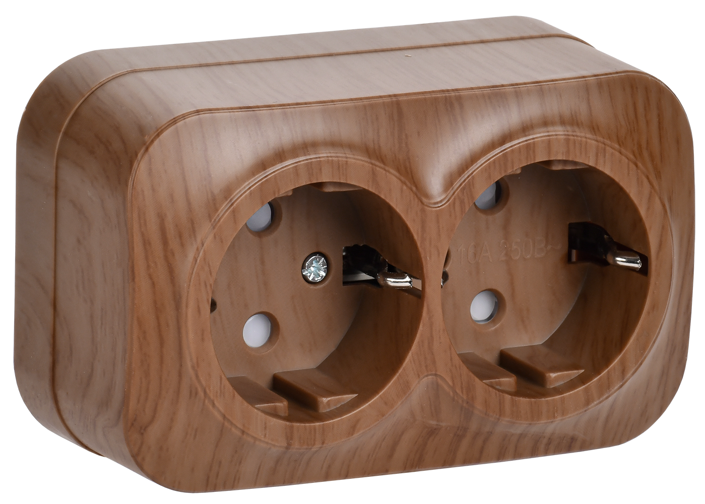 GLORY Розетка 2-местная для открытой установки с заземлением с защитными шторками 16А РСш22-3-ХД дуб IEK