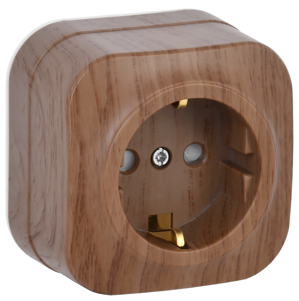 GLORY Розетка 1-местная для открытой установки с заземлением с защитными шторками 16А РСш20-3-ХД дуб IEK