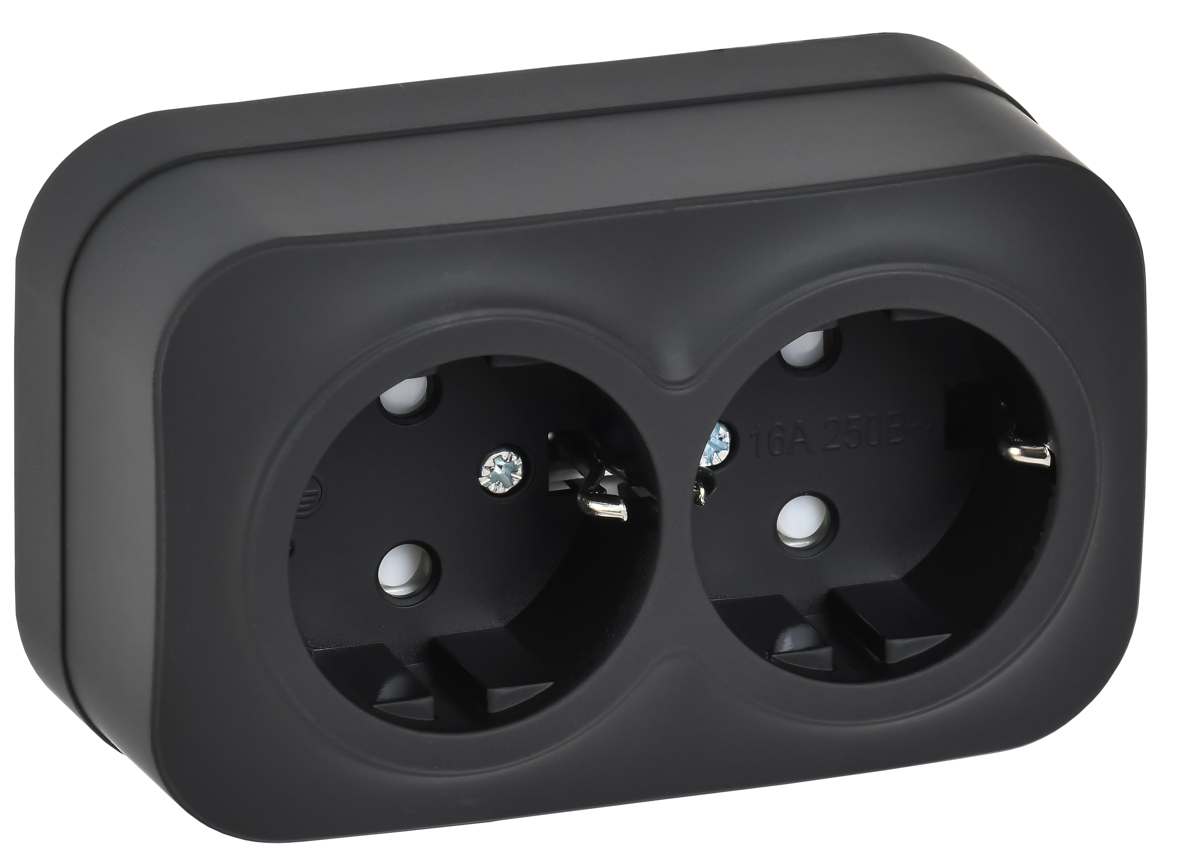 GLORY Розетка 2-местная для открытой установки с заземлением с защитными шторками 16А РСш22-3-ХЧм черный матовый IEK