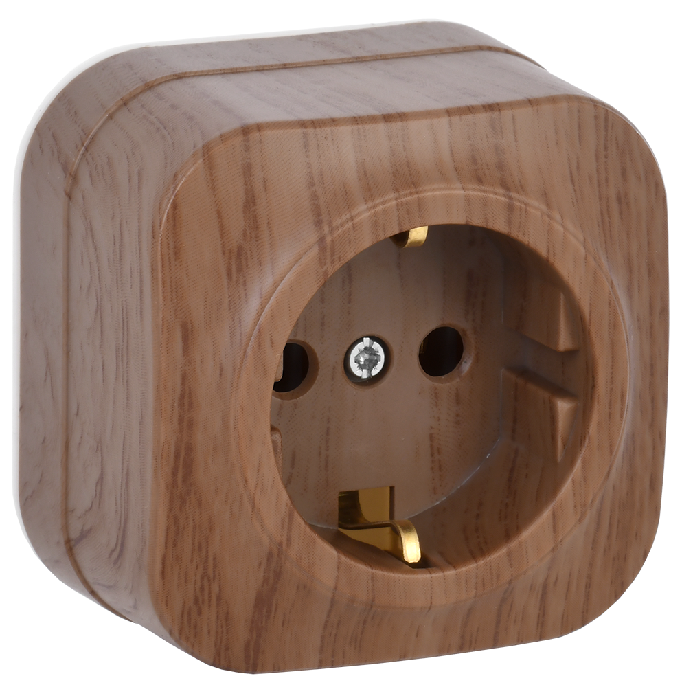 GLORY Розетка 1-местная для открытой установки с заземлением без защитных шторок 16А РС20-3-ХД дуб IEK