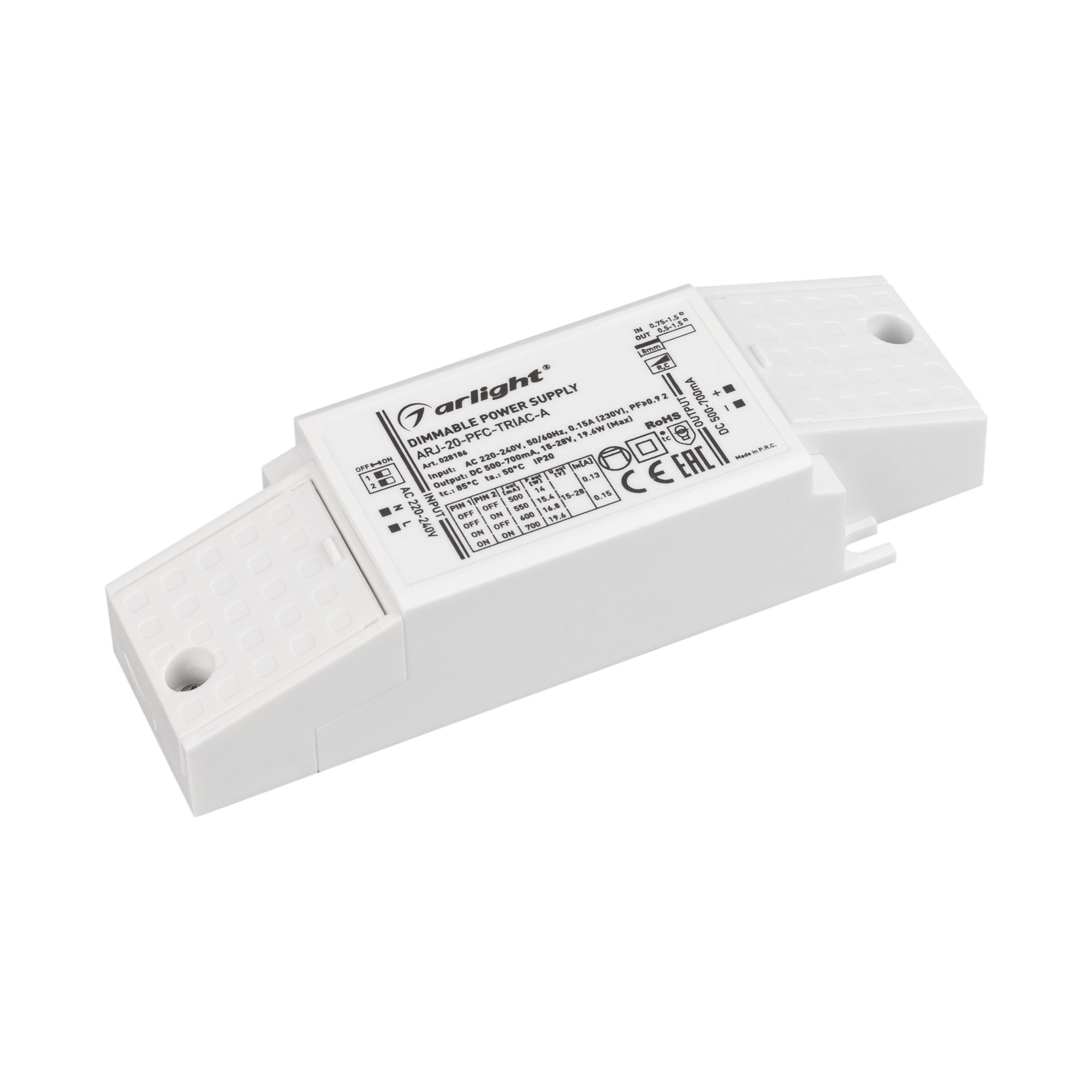 Купить блок питания arj-20-pfc-triac-a (20w, 500-700ma) (arlight, ip20  пластик, 5 лет) из раздела управление triac - интернет-магазин  «Электрострой»