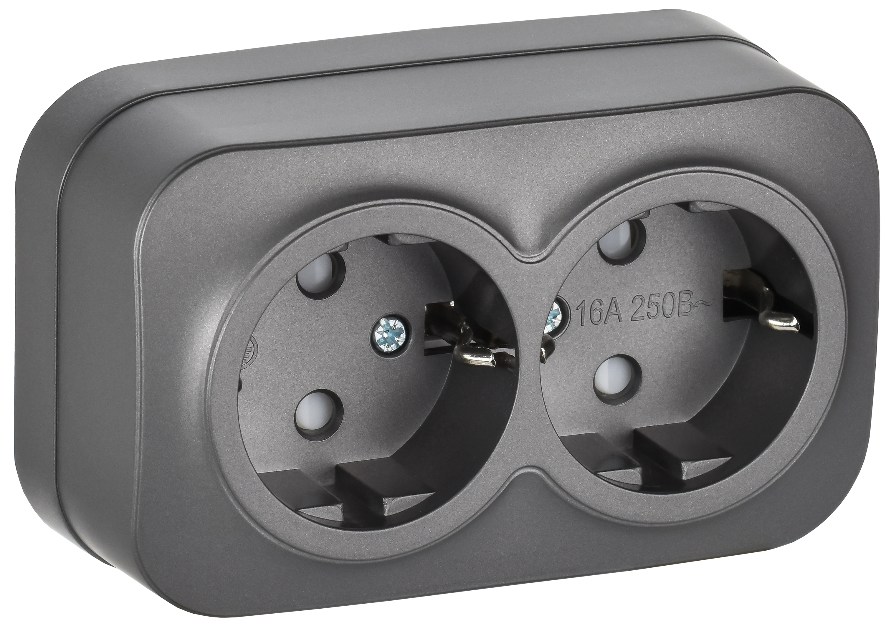 GLORY Розетка 2-местная для открытой установки с заземлением с защитными шторками 16А РСш22-3-ХСм сталь матовый IEK