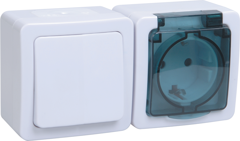 Блок горизонтальный для открытой установки БГб-22-31-ГПБд (Выключатель 1-клавишный + розетка 1-местная с заземляющим контактом) IP54 ГЕРМЕС PLUS (белый/дымчатый) IEK